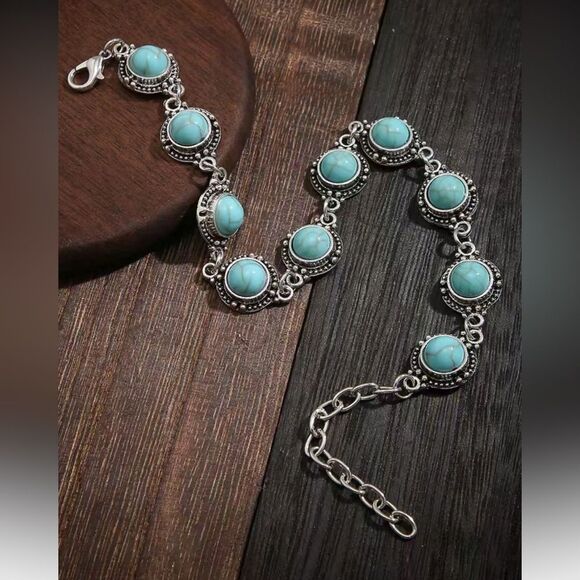 Minimalist Versatile Retro Anklet, Metal Alloy Faux Turquoise Foot Jewelry - Picture 3 of 7